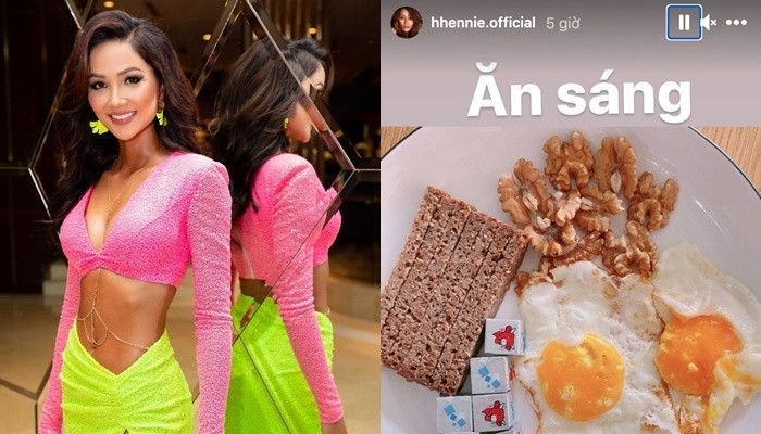 H'Hen Niê cũng duy trì vóc dáng săn chắc gợi cảm với đồ ăn healthy gồm 2 quả trứng chiên, bánh ngũ cốc, một nắm hạt óc chó cùng vài viên phomai.