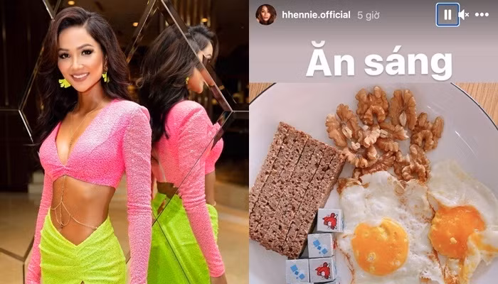 H'Hen Niê cũng duy trì vóc dáng săn chắc gợi cảm với đồ ăn healthy gồm 2 quả trứng chiên, bánh ngũ cốc, một nắm hạt óc chó cùng vài viên phomai.