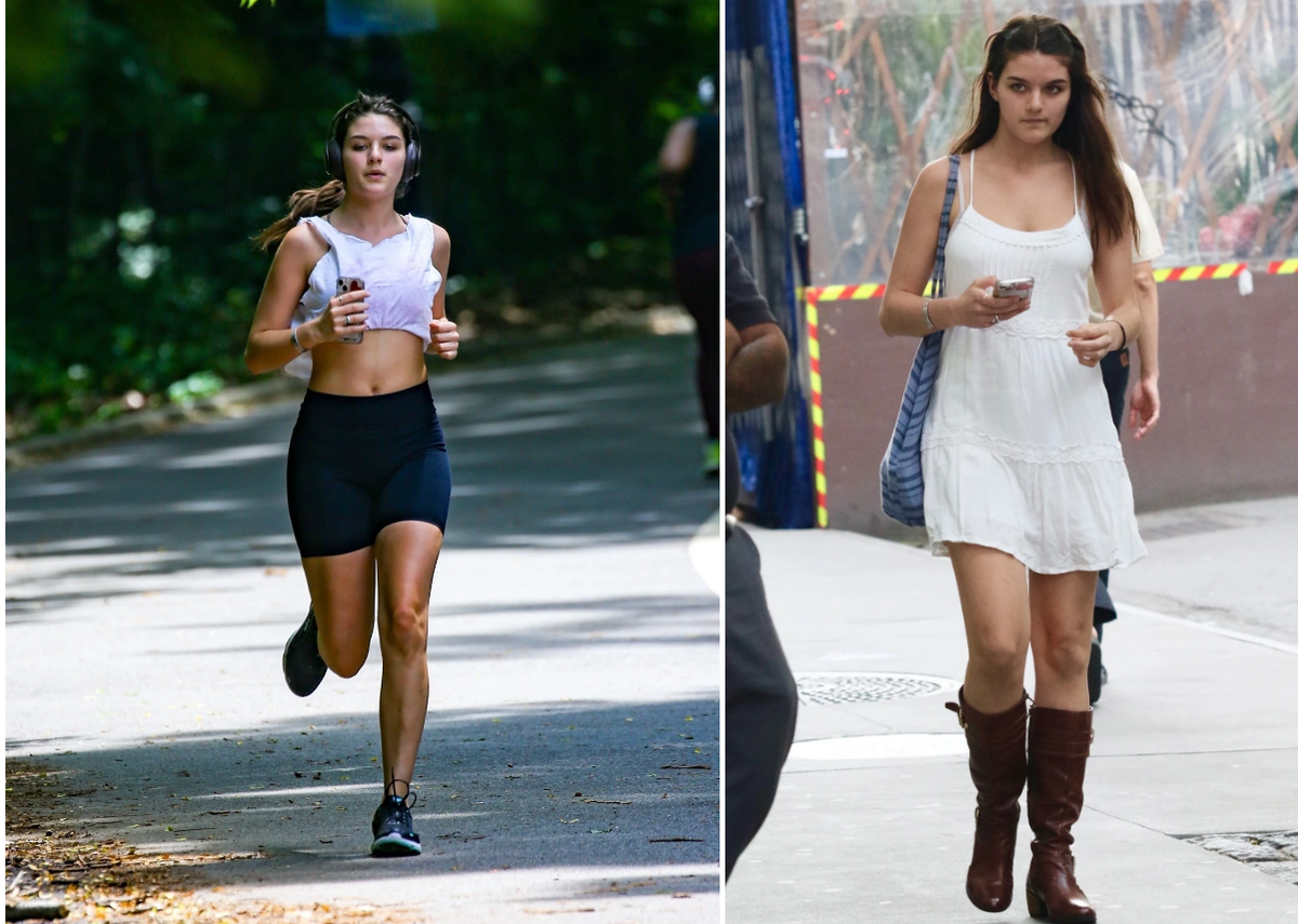 Trước đó, Suri mặc crop-top, quần short, buộc tóc đuôi ngựa khi đi chạy bộ vào sáng sớm ở công viên Trung tâm tại New York. Đến cuối ngày, cô bé tuổi teen diện váy 2 dây nữ tính kết hợp boots cao cổ khi đi ăn cùng mẹ và bà ngoại. Ảnh: BackGrid.