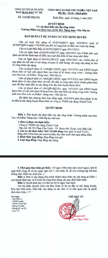 Dak Lak: Cty Thanh Vinh duoc chi dinh 2 goi thau tai Ban Don