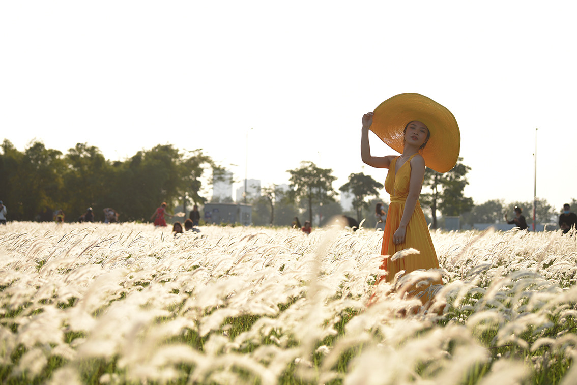 Những bộ quần áo sặc sỡ giúp thiếu nữ Hà Thành khoe sắc giữa đồng cỏ lau.