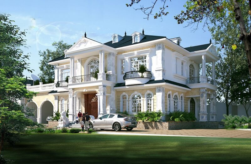 Điểm nổi bật của mẫu nhà 2 tầng cổ điển là những hình khối có thiết kế khá cầu kỳ, họa tiết trên trụ cột hay cửa sổ cũng tinh tế, sang trọng. Thiết kế dùng những chất liệu quen thuộc trong các thiết kế cổ điển như gỗ, kính, sắt,… ngôi nhà của bạn sẽ như một lâu đài bước ra từ câu chuyện cổ tích. Đặc biệt, các cột trụ tròn luôn là đặc trưng không thể thiếu trong các thiết kế cổ điển. 