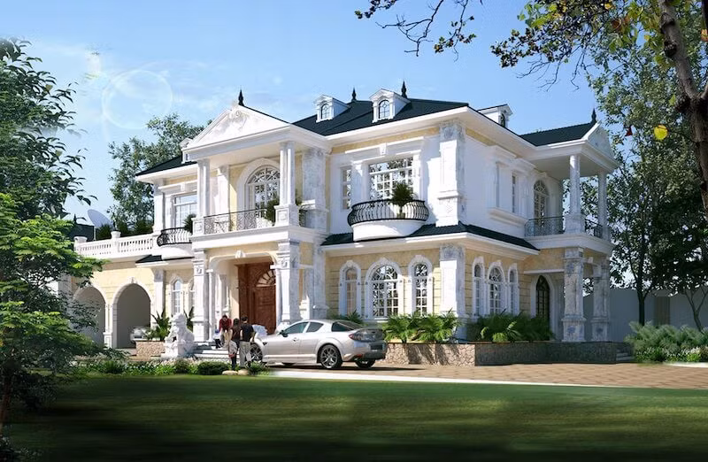 Điểm nổi bật của mẫu nhà 2 tầng cổ điển là những hình khối có thiết kế khá cầu kỳ, họa tiết trên trụ cột hay cửa sổ cũng tinh tế, sang trọng. Thiết kế dùng những chất liệu quen thuộc trong các thiết kế cổ điển như gỗ, kính, sắt,… ngôi nhà của bạn sẽ như một lâu đài bước ra từ câu chuyện cổ tích. Đặc biệt, các cột trụ tròn luôn là đặc trưng không thể thiếu trong các thiết kế cổ điển. 