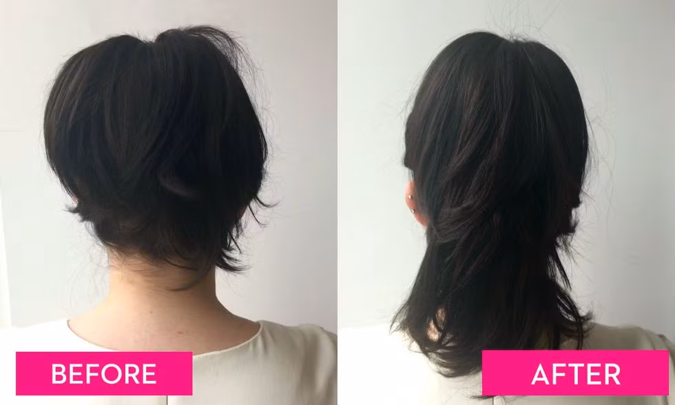 Nếu tóc bạn ngắn và muốn khi buộc lên trông dài hơn một chút, hãy chia tóc thành 2 phần trên và dưới. Buộc phần trên thành đuôi ngựa lên cao rồi buộc tiếp phần dưới thấp hơn.