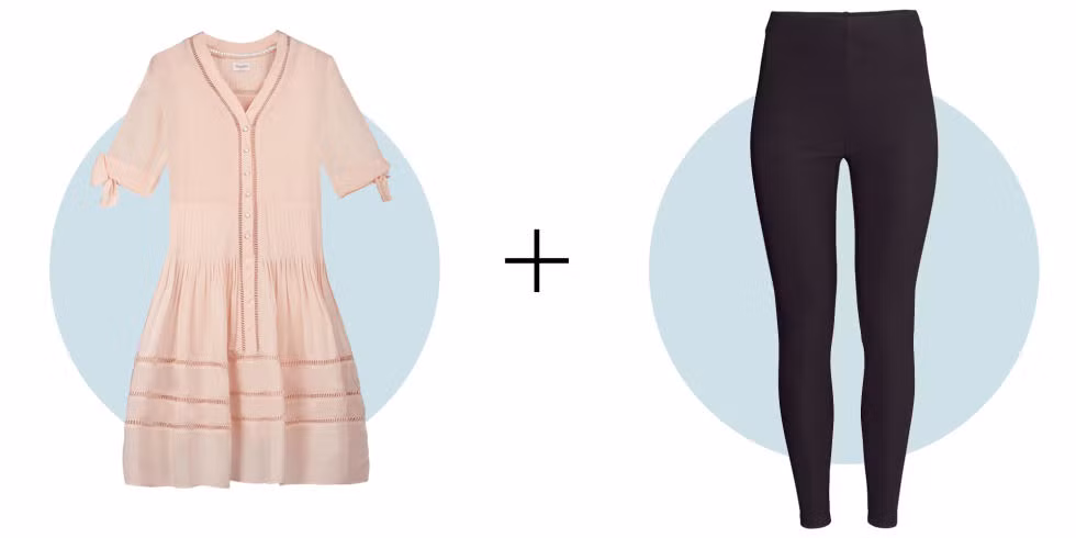 Hãy thử tạo ra một bộ trang phục mùa xuân mới lạ bằng cách kết hợp một chiếc váy midi tông màu pastel với một chiếc quần legging đen như thế này. Nếu muốn được cộng thêm điểm, hãy gấp gấu quần ngắn lên một chút mà đi thêm một đôi giày bệt.