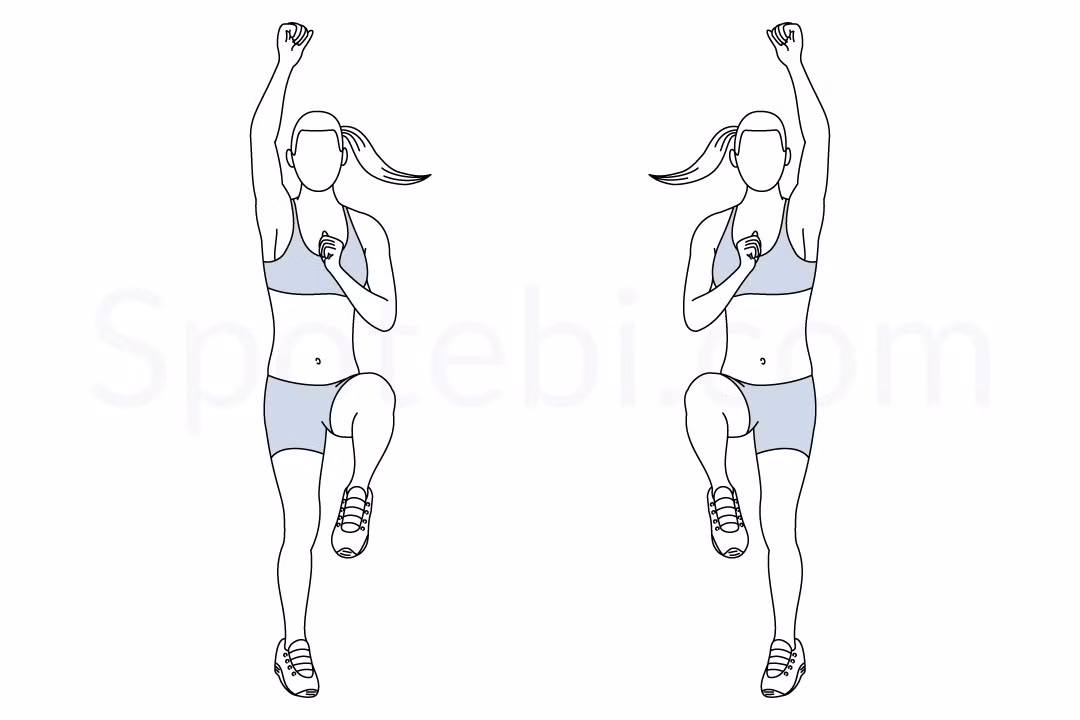 Leo núi: Thực hiện bài leo núi trong nhà ở tư thế đứng, nâng chân càng cao và càng nhanh càng tốt. Thực hiện 2 set, mỗi set 60 giây, nghỉ 30 giây giữa hai set. Tổng thời gian mất khoảng 3 phút. 