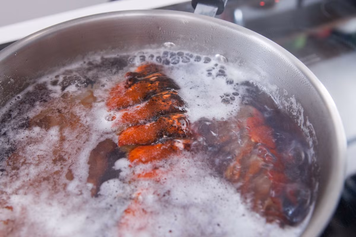 Đun sôi nước rồi cho tôm vào luộc chín. Khi luộc cho thêm một nhúm muối để tôm không bị nhạt.