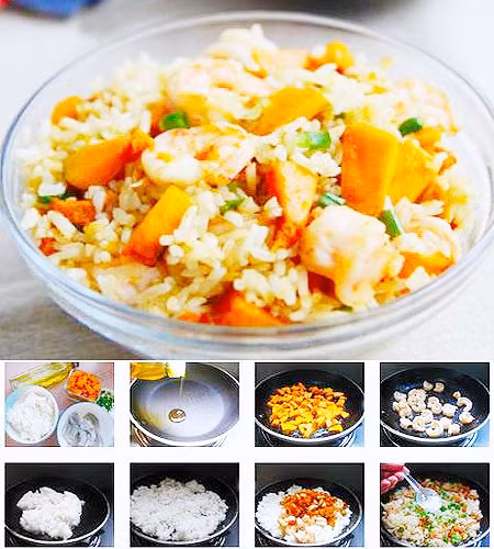 Cơm rang tôm, bí ngô là món ăn tận dụng các nguyên liệu có sẵn trong tủ lạnh. Vị ngọt của bí đỏ sẽ khiến món ăn có vị rất ngon lại nhiều dưỡng chất. (Ảnh: Afamily)