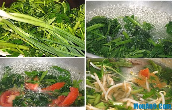 Cho tôm vào cối dã dập. Phi tỏi thơm rồi cho tôm vào xào sơ đến khi tôm chuyển màu hồng thì đổ ra. 