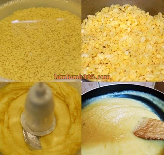 Đậu xanh ngâm qua đêm đãi vỏ, đồ chín, nghiền hoặc xay sao cho thật mịn.