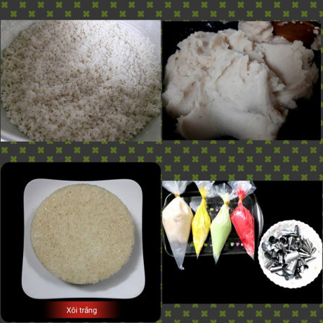 Gạo nếp ngâm qua đêm, đồ chín rồi trộn nước cốt dừa cho ngậy rồi cho vào khuôn bánh gato làm thành cốt bánh xôi giả bánh gato như hình.