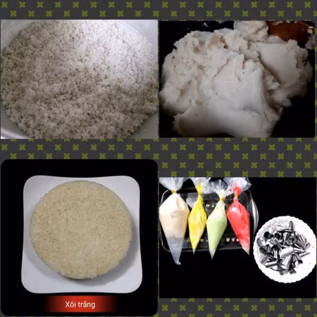 Gạo nếp ngâm qua đêm, đồ chín rồi trộn nước cốt dừa cho ngậy rồi cho vào khuôn bánh gato làm thành cốt bánh xôi giả bánh gato như hình.