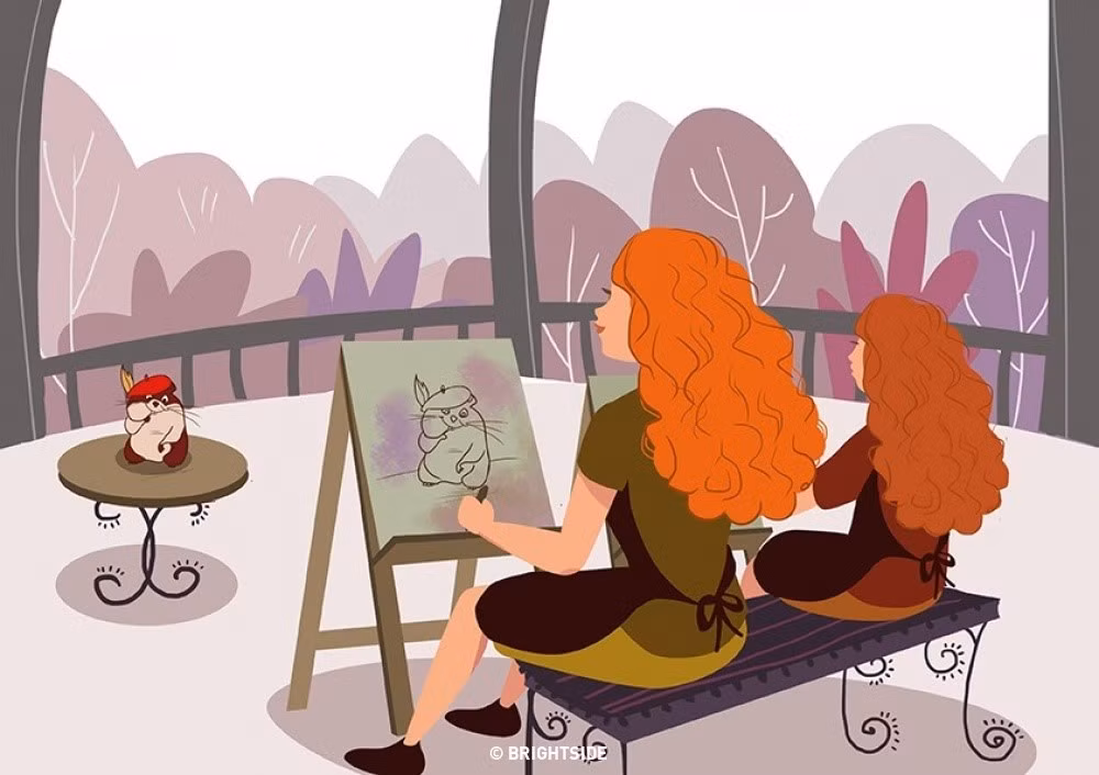 Hai mẹ con quên đi tất cả để cùng đắm mình vào thế giới của sự sáng tạo. 