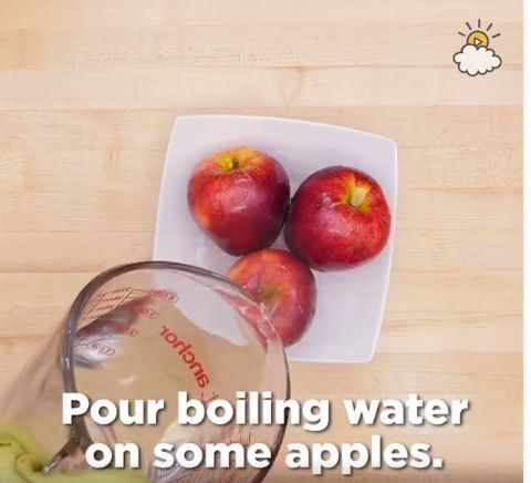 Tuy nhiên lớp wax này cũng có thể không nhìn thấy. Nhưng chỉ cần lấy một ít nước sôi dội lên quả táo rồi để một lúc là lớp phấn trắng sẽ hiện ra. 