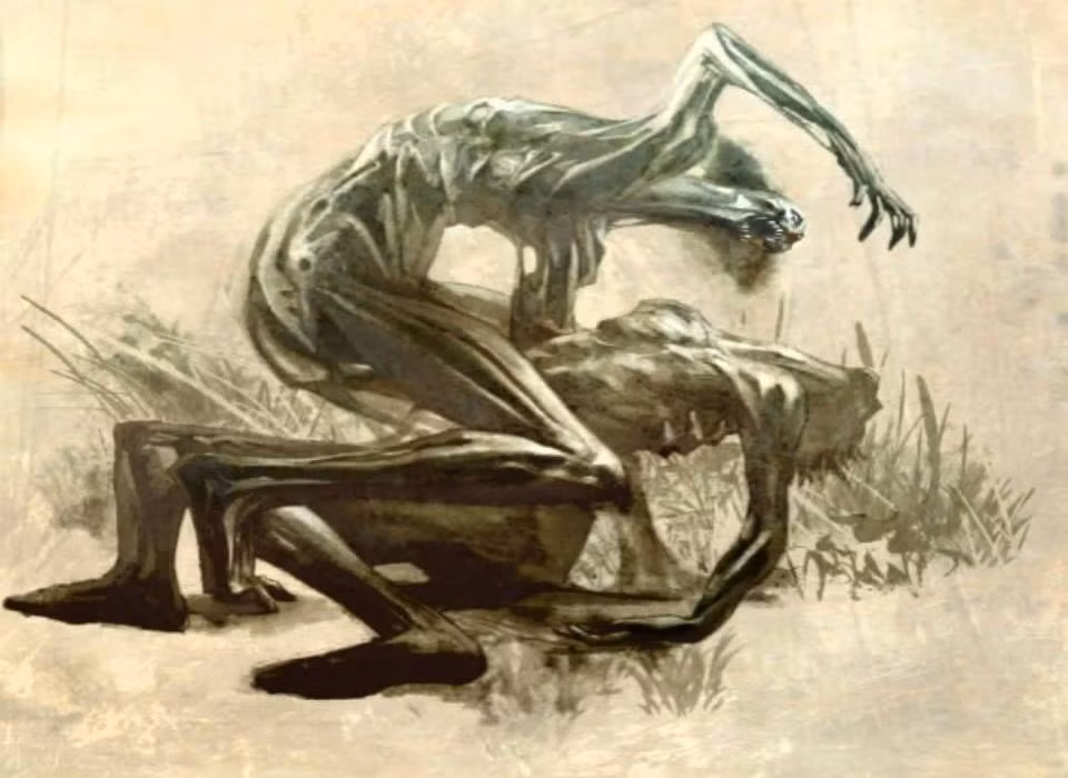 Quái vật ăn thịt người Nachzehrer thường nằm trong quan tài và luôn mở mắt trái trong khi mắt phải nhắm lại.