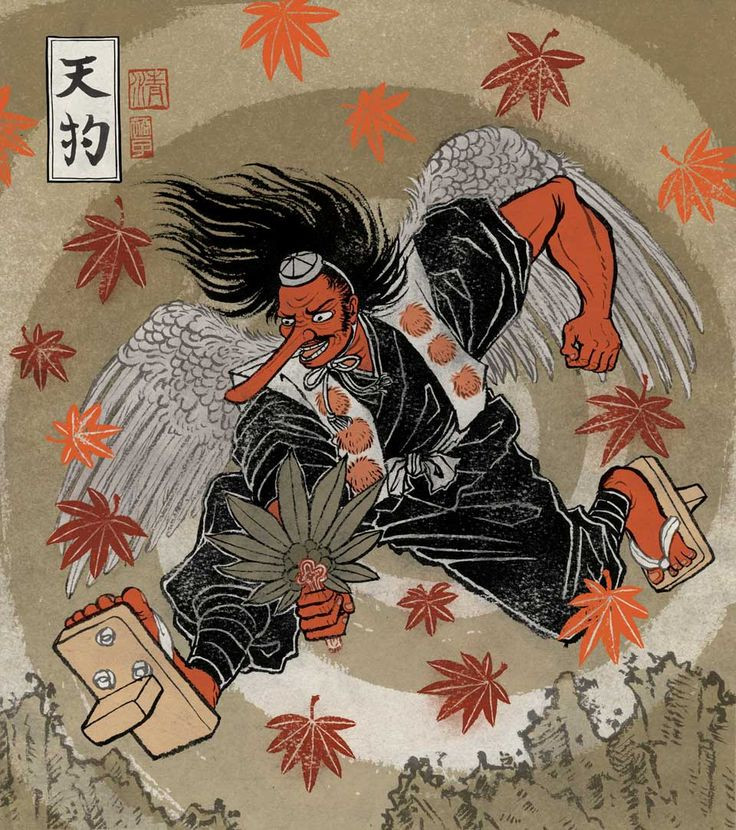 Tengu trong các giai thoại của Nhật Bản là một con quỷ có đôi mắt đỏ rực và chiếc mũi dài.