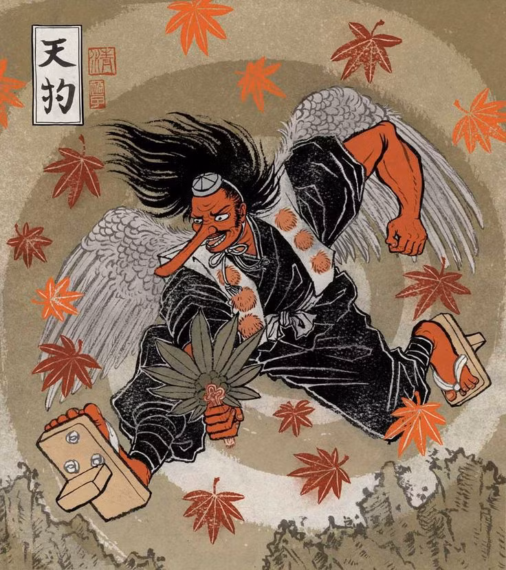 Tengu trong các giai thoại của Nhật Bản là một con quỷ có đôi mắt đỏ rực và chiếc mũi dài.