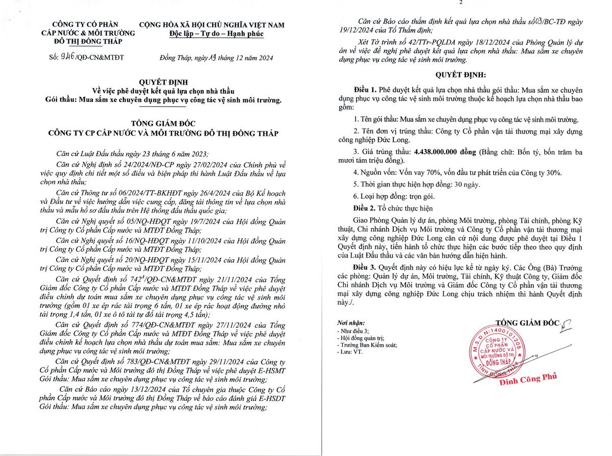 Đồng Tháp: Công ty Đức Long trúng gói thầu mua xe gần 4,5 tỷ Dong Thap: Cong ty Duc Long trung goi thau mua xe gan 4,5 ty