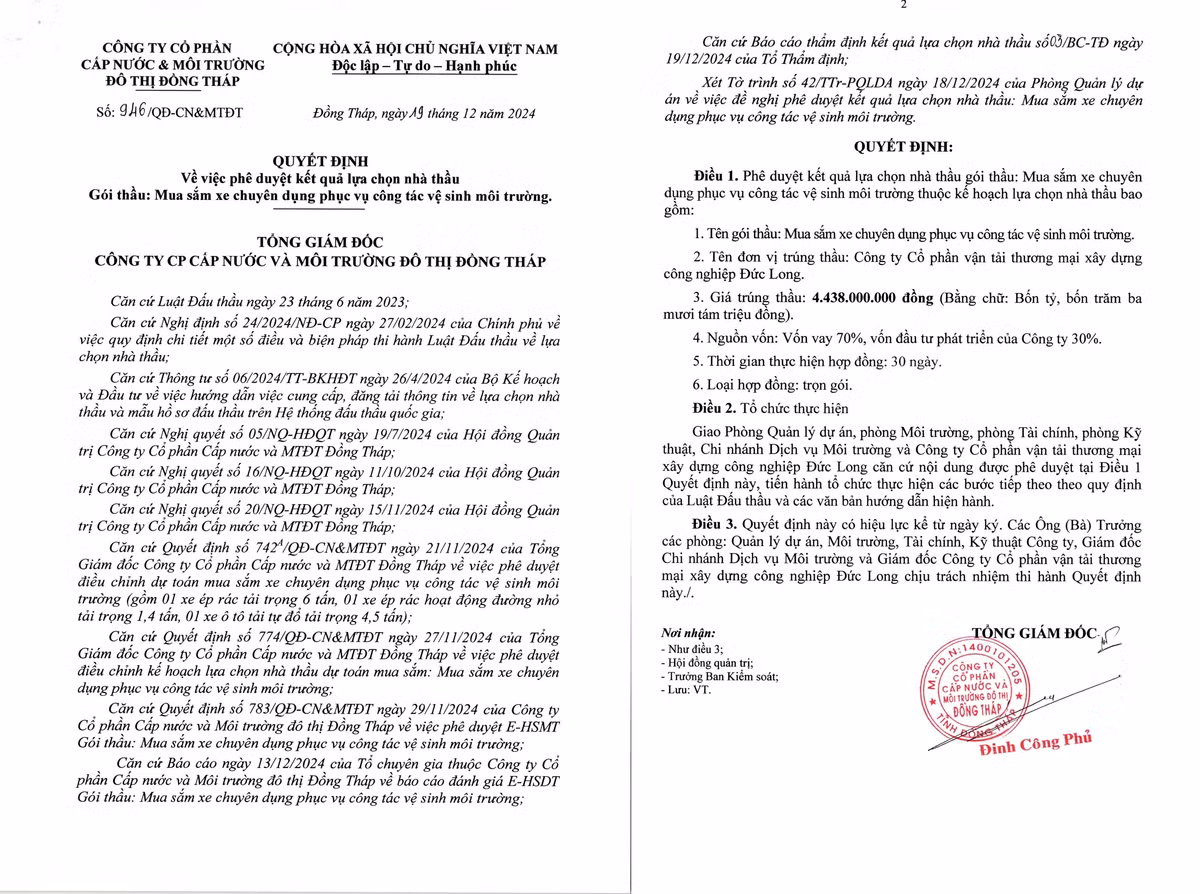 Dong Thap: Cong ty Duc Long trung goi thau mua xe gan 4,5 ty