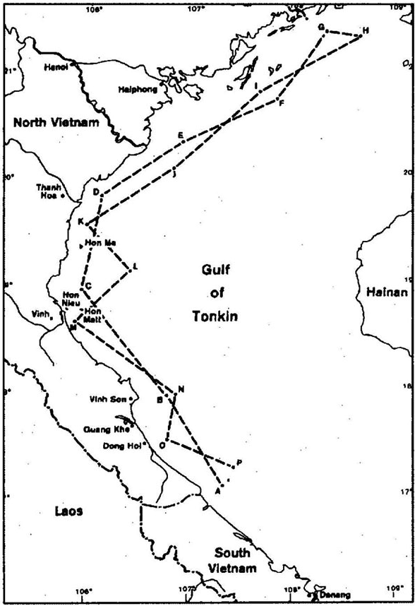 Sơ đồ đường đi của các tàu chiến Mỹ trong chiến dịch DESOTO. Rõ ràng đây là hành động xâm hại lãnh hải, chủ quyền trên biển của Việt Nam trước khi Mỹ tuyên bố tham chiến ở Việt Nam. Nguồn ảnh: Warhistory.