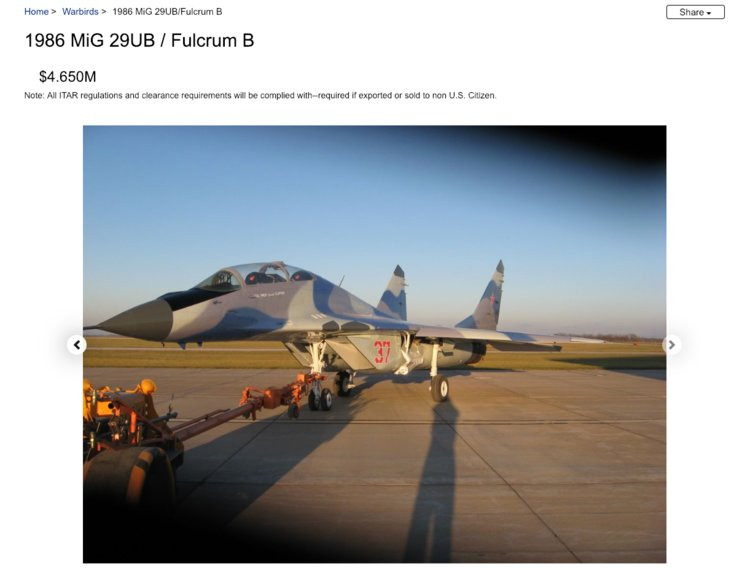 Cụ thể, chiến đấu cơ MiG-29UB được đăng tải bán trên trang web này là loại MiG-29UB phiên bản được sản xuất năm 1986. Trang web đề rõ với những khách hàng không phải công dân Mỹ thì cần có giấy tờ chứng thực khả năng mua bán vũ khí quốc tế ITAR và nhiều yêu cầu kỹ thuật khác. Nguồn ảnh: Raptor.