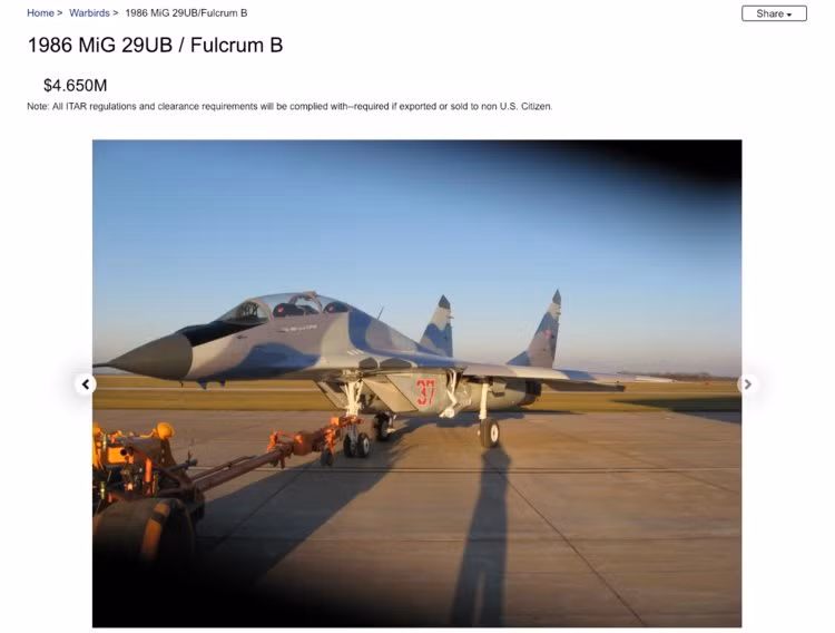 Cụ thể, chiến đấu cơ MiG-29UB được đăng tải bán trên trang web này là loại MiG-29UB phiên bản được sản xuất năm 1986. Trang web đề rõ với những khách hàng không phải công dân Mỹ thì cần có giấy tờ chứng thực khả năng mua bán vũ khí quốc tế ITAR và nhiều yêu cầu kỹ thuật khác. Nguồn ảnh: Raptor.