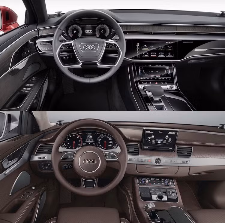 Ở bên trong, nội thất của A8 phiên bản 2018 còn được thiết kế lại triệt để hơn khi hoàn toàn không có điểm chung nào với thế hệ cũ. Trong khi A8 đời cũ vẫn còn giữ lại phần nào vẻ sang trọng truyền thống thì trên thế hệ mới, Audi đã thiết kế nội thất xe theo hướng tối giản nhưng đẳng cấp và hiện đại, một lần nữa lấy cảm hứng từ Prologue Concept.