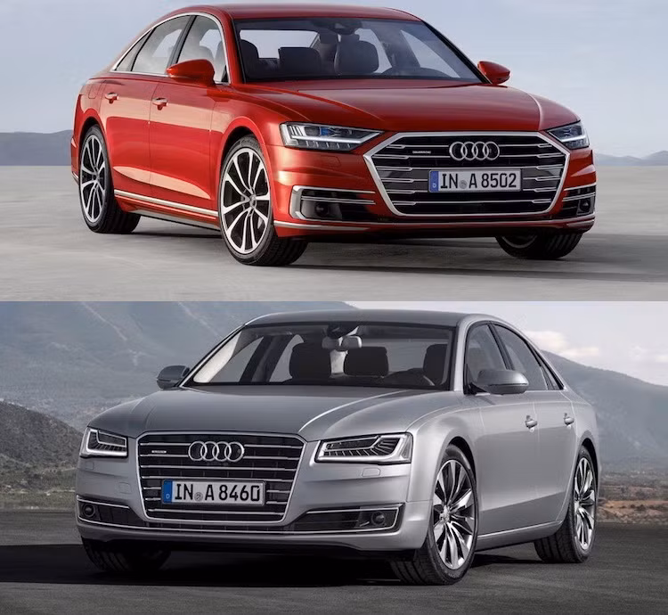 Vào năm 2013 khi thế hệ thứ 3 của dòng A8 trải qua đợt nâng cấp lớn giữa vòng đời, chiếc xe đã có "bộ mặt" khá hiện đại với đèn pha LED. Tuy nhiên nếu so với A8 2018, phiên bản cũ không thể so sánh về vẻ đẹp khi chiếc xe mới vừa sang trọng, thể thao và tinh tế do được lấy cảm hứng từ mẫu xe ý tưởng Audi Prologue.