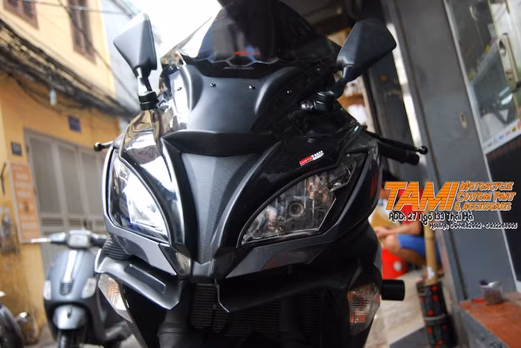 Trên bản độ này, phần đầu của Ninja 300 đã có kiểu dáng khác biệt và khá giống với siêu môtô Kawasaki ZX10R khi được trang bị kính chắn gió kèm ốp đầu trước phỏng theo mẫu superbike này. Ở bên dưới phần đầu của chiếc xe là bộ cánh ốp của hãng Storm từ Thái Lan, tạo cho phần đầu Ninja 300 những cánh khí động học tương tự xe đua MotoGP.