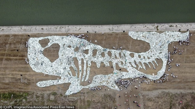 1. Các tình nguyện viên Trung Quốc đã sử dụng rác thải nhựa trôi nổi để tạo ra hình một con cá nhà táng dài 68 mét vào ngày Đại dương Thế giới. Ô nhiễm môi trường thực sự đáng quan ngại.