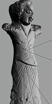 Bức tượng tạc hình ảnh một người khoác trên người chiếc áo bằng lụa, bên dưới mặc một chiếc quần và bên ngoài cuốn thêm 1 lớp váy. Đây là kiểu trang phục của Ấn Độ cổ đại.