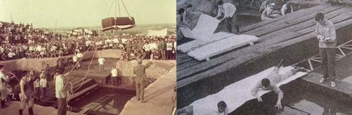 Sau khi vào bên trong lăng mộ rộng tới 220 m2, nhóm chuyên gia phát hiện nơi này bị ngập nước. Họ vô cùng kinh ngạc khi phát hiện 22 cỗ quan tài nằm bên trong.