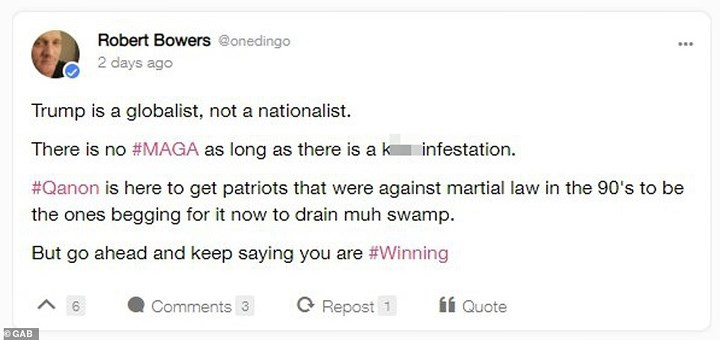 Truyền thông địa phương cho biết, nghi phạm là người ủng hộ và tin vào thuyết âm mưu, luôn có những bài viết gay gắt chống lại Tổng thống Donald Trump. Ảnh: GAB.