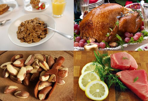  5. Thực phẩm giàu selen Selen là khoáng chất được tìm thấy trong bánh mỳ nguyên cám, gà tây, cá ngừ và các loại hạt Brazil, đóng một vai trò quan trọng trong sức khỏe của tế bào da. Selen là một loại chất chống oxy hóa. Nghiên cứu đã chỉ ra rằng khi nồng độ selen cao, các tế bào da ít có khả năng bị tổn thương do oxy hóa, do đó hạn chế nguy cơ ung thư.