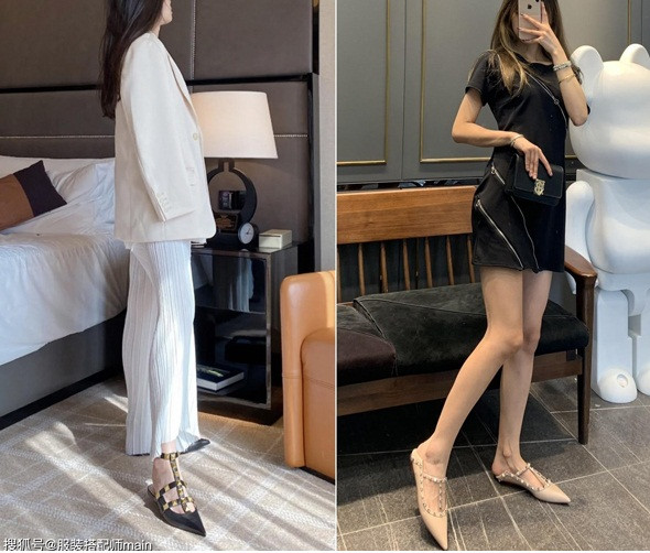 Giày bệt mũi nhọn đinh tán phù hợp phối với váy hoặc quần ngắn sao cho để lộ một phần bắp chân. Nếu chọn trang phục màu đen trắng, chị em nên kết hợp với giày gam màu nude để khoe được tối đa đôi chân nõn nà.