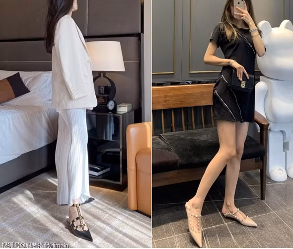 Giày bệt mũi nhọn đinh tán phù hợp phối với váy hoặc quần ngắn sao cho để lộ một phần bắp chân. Nếu chọn trang phục màu đen trắng, chị em nên kết hợp với giày gam màu nude để khoe được tối đa đôi chân nõn nà.