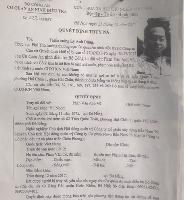 Lệnh truy nã ông Phan Văn Anh Vũ.