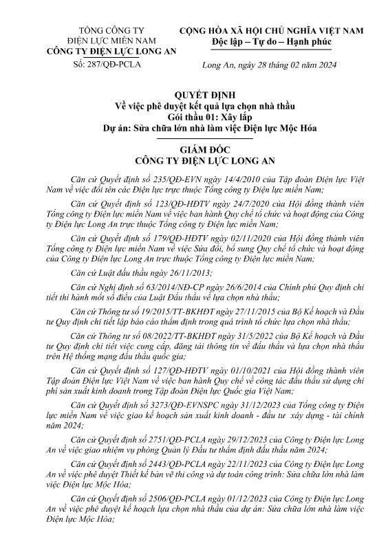 Loai 8 doi thu, Cty Nguyen Huynh trung goi sua chua tai Dien luc Moc Hoa