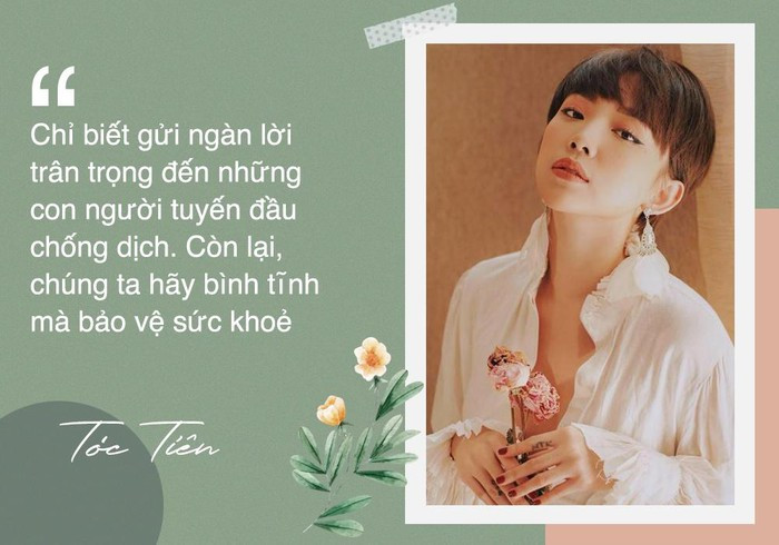 Tóc Tiên bày tỏ: “Chỉ biết gửi nghìn lời trân trọng đến những con người tuyến đầu chống dịch. Còn lại, chúng ta hãy bình tĩnh mà bảo vệ sức khỏe”.