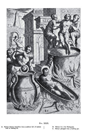 Kiểu tra tấn này sử dụng một chiếc vạc dầu lớn đủ sức chứa một người vào bên trong.