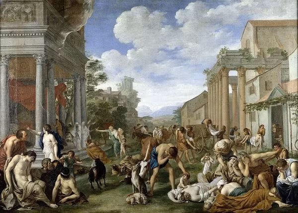 Theo Thucydides, những người dân khỏe mạnh đột nhiên có các triệu chứng như cơ thể đột nhiên nóng lên, phát sốt, mắt đỏ, hơi thở khó khăn, cổ họng và lưỡi trở nên khô rát.