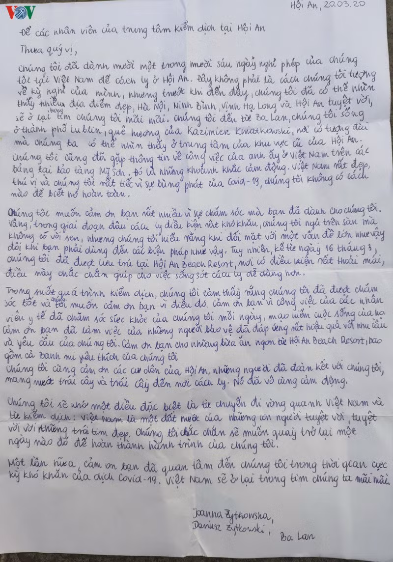 Thu cam on cua du khach Ba Lan trong thoi gian cach ly o Hoi An
