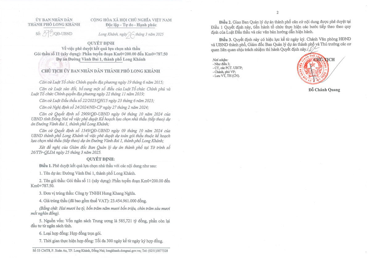 Đồng Nai: Cty Hưng Khang Nghĩa trúng 2 gói thầu hơn 192 tỷ trong một ngày Dong Nai: Cty Hung Khang Nghia trung 2 goi thau hon 192 ty trong mot ngay