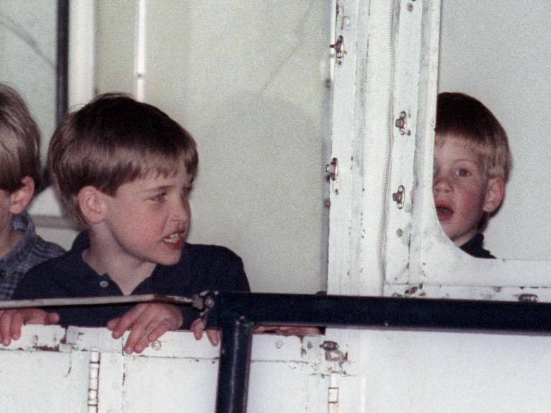 Hoàng tử William liếc nhìn em trai Harry khi ngồi trên thuyền trong chuyến đi nghỉ mát tại Đảo Necker hồi tháng 4/1990.