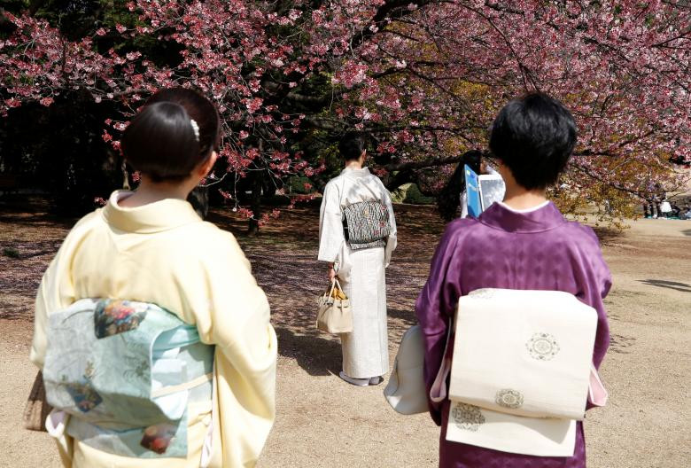 Những người phụ nữ mặc trang phục Kimono ngắm hoa trong vườn quốc gia Shinjuku Gyoen hôm 14/3.
