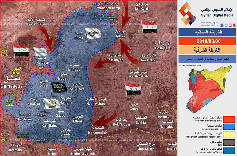 Bản đồ tình hình chiến sự tại Đông Ghouta ngày 6/3/2018. Ảnh: AMN.