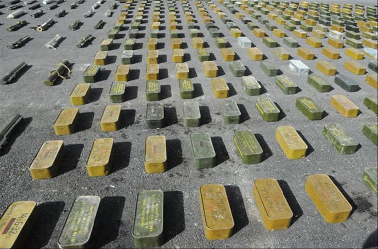 Số vũ khí, đạn dược này đang được “trưng bày” tại một căn cứ của lực lượng chính phủ Damascus. Ảnh: FNA. 