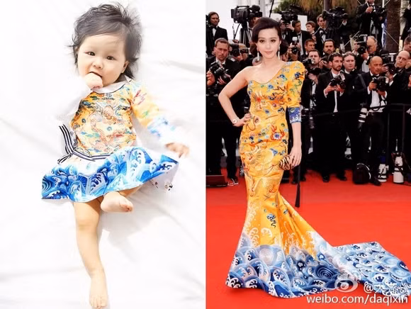 Bé gái 6 tháng tuổi đáng yêu khi mặc váy 'nhái' thiết kế của Phạm Băng Băng trên thảm đỏ.