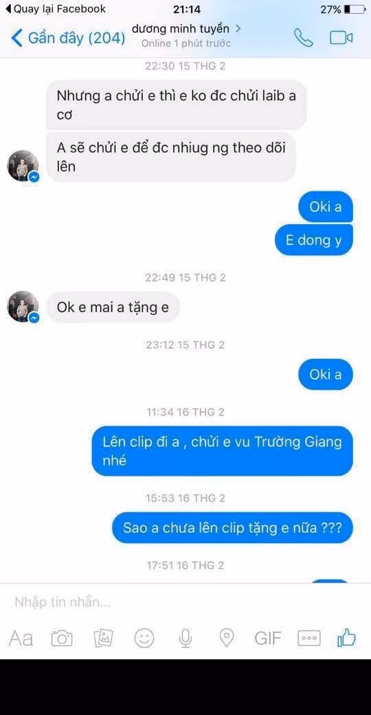 Ngoài ra, cư dân mạng cũng phát hiện ra một cuộc trò chuyện qua tin nhắn Facebook giữa Hoàng Anh và Dương Minh Tuyền. Đọc qua đoạn hội thoại có thể hiểu rằng Minh Tuyền và Hoàng Anh đã bí mật kết hợp với nhau để tạo ra một câu chuyện gây sốc, khiến nhiều dân mạng quan tâm, chửi nhau để cả cùng được chú ý... với mục đích thu về số lượng nhiều người theo dõi hơn.