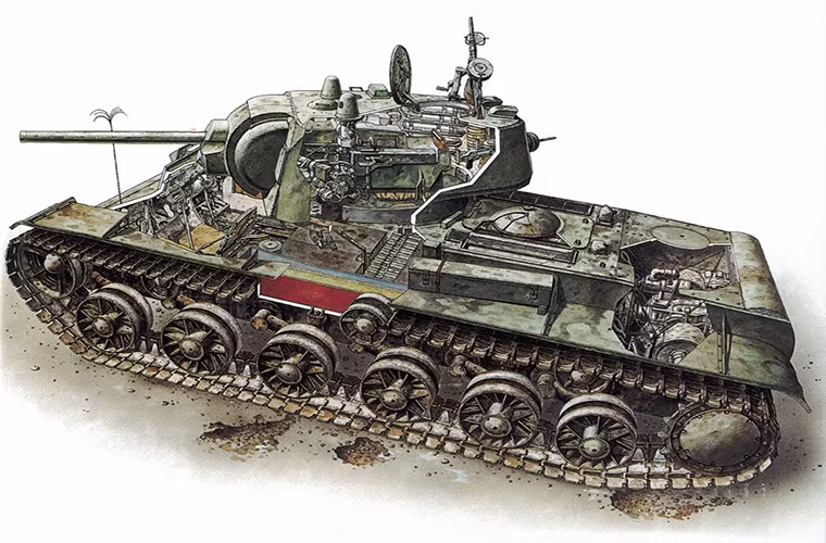 Thiết kế bên trong của một chiếc KV-1 - dòng xe tăng hạng nặng của Liên Xô trong giai đoạn đầu của CTTG 2, dù được đánh giá khá tốt nhưng KV-1 lại có một hạn chế là pháo chính của nó quá yếu không đủ để có thể áp đảo xe tăng Đức dẫn đến việc nó liên tục bị vô hiệu hóa trong cận chiến bởi những chiếc xe tăng cơ động hơn của đối phương. Nguồn ảnh: QQ.